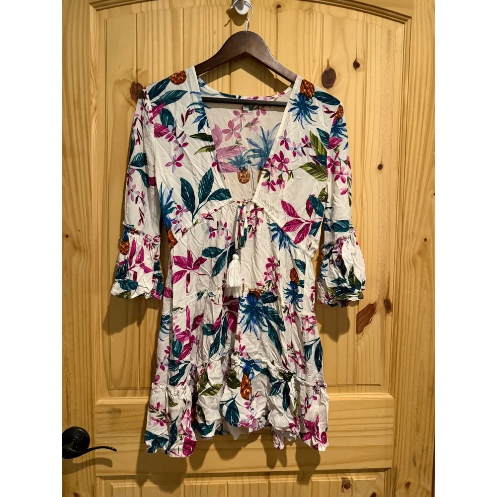 Blue Island Womens Tropical Floral Pineapple‎ Beach Coverup Dress White XS